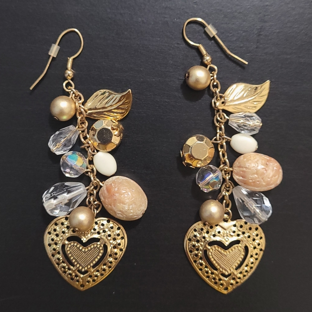 Gold Tone Hearts Glass Crystal and acrylic beads Dandgle Hook Earrings